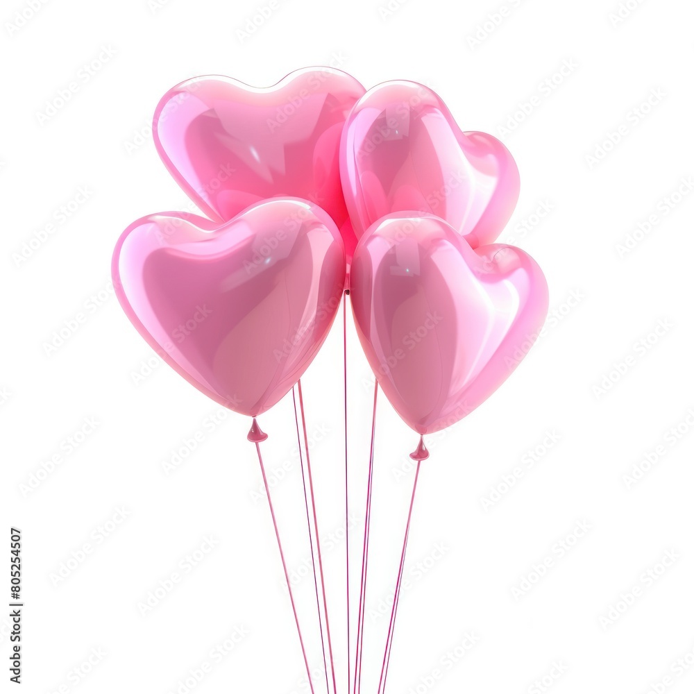 Pink heart shape balloons isolated on white background,Pink heart shaped helium balloons on white background. Foil air balloons on pastel pink background. Valentine's Day or wedding. Generated AI