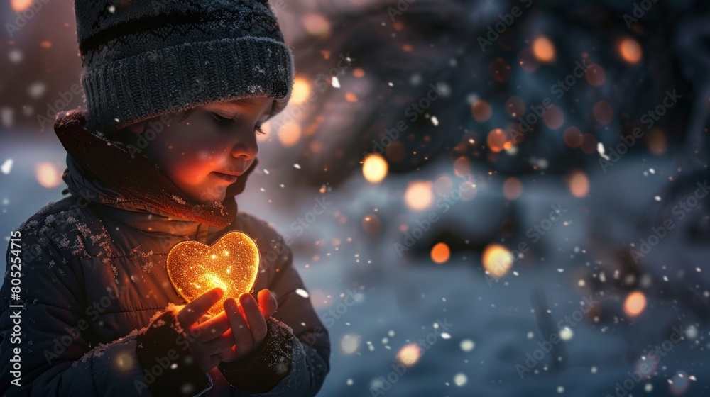 A child holding a glowing heart in a snowy night. Concept of kindness and help,Child Holding Glowing Heart In Snowy Night Highquality Photo,Snowman in the Woods. Generated AI