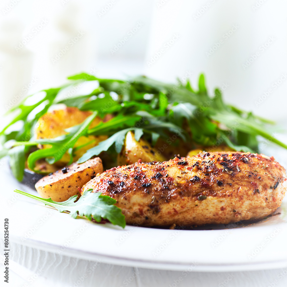 Grilled Chicken Breast with oven baked potatoes and fresh rocket. Bright background. Close up. Grilled Chicken Breast with oven baked potatoes and fresh rocket. Bright background. Close up.