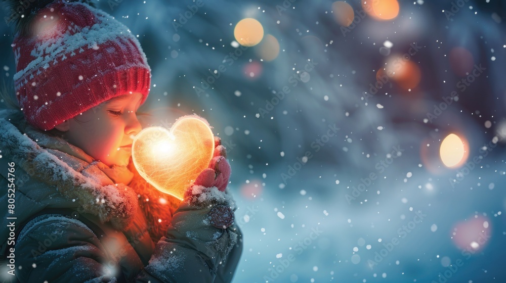 A child holding a glowing heart in a snowy night. Concept of kindness and help,Child Holding Glowing Heart In Snowy Night Highquality Photo,Snowman in the Woods. Generated AI A child holding a glowing heart in a snowy night. Concept of kindness and help,Child Holding Glowing Heart In Snowy Night Highquality Photo,Snowman in the Woods. Generated AI