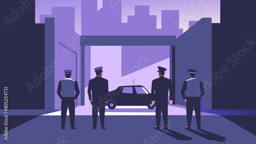 photo for advertising a private security company and security guards, all black uniform with short sleeves and a cloth cap, standing next to a patrol car