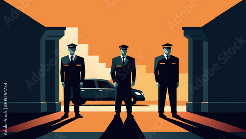 photo for advertising a private security company and security guards, all black uniform with short sleeves and a cloth cap, standing next to a patrol car