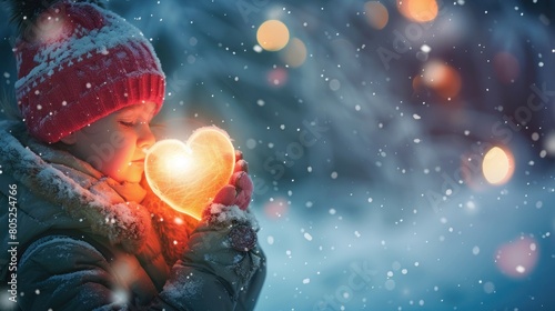 A child holding a glowing heart in a snowy night. Concept of kindness and help,Child Holding Glowing Heart In Snowy Night Highquality Photo,Snowman in the Woods. Generated AI photo