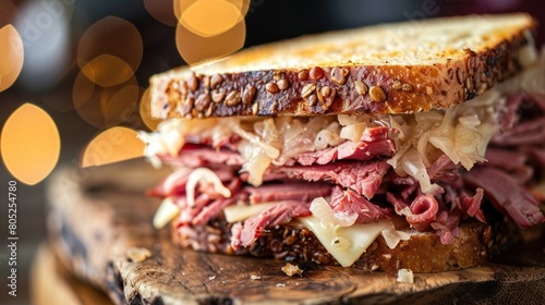 Delicious Reuben sandwich photography,A classic Reuben sandwich with layers of corned beef tangy sauerkraut melted Swiss cheese and creamy Russian dressing served on toasted rye bread. Generated AI