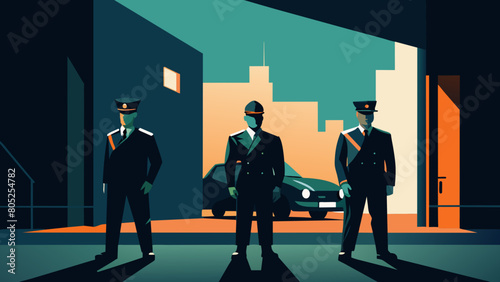 photo for advertising a private security company and security guards, all black uniform with short sleeves and a cloth cap, standing next to a patrol car