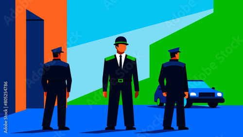 photo for advertising a private security company and security guards, all black uniform with short sleeves and a cloth cap, standing next to a patrol car