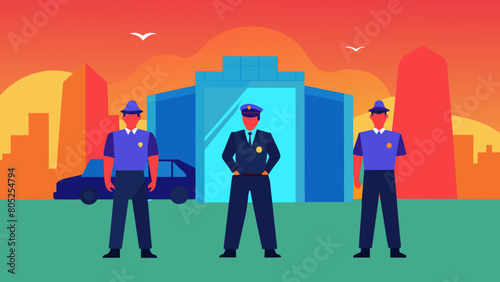 photo for advertising a private security company and security guards, all black uniform with short sleeves and a cloth cap, standing next to a patrol car