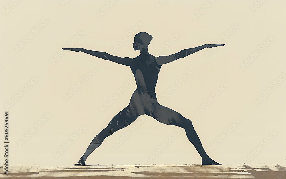 Illustration of a woman relaxing yoaga performing Warrior Pose background with copy space for text