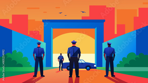 photo for advertising a private security company and security guards, all black uniform with short sleeves and a cloth cap, standing next to a patrol car