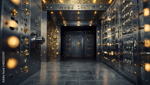 Fortified Finances, Bank Vault Door Leading to Safe Deposit Boxes Room, Stocked with Dollars and Euros. photo