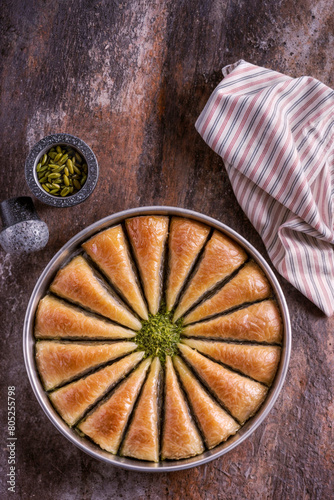Turkish baklava desserts (carrot baklava). Turkish Havuc Dilim Baklava with pistachio. photo
