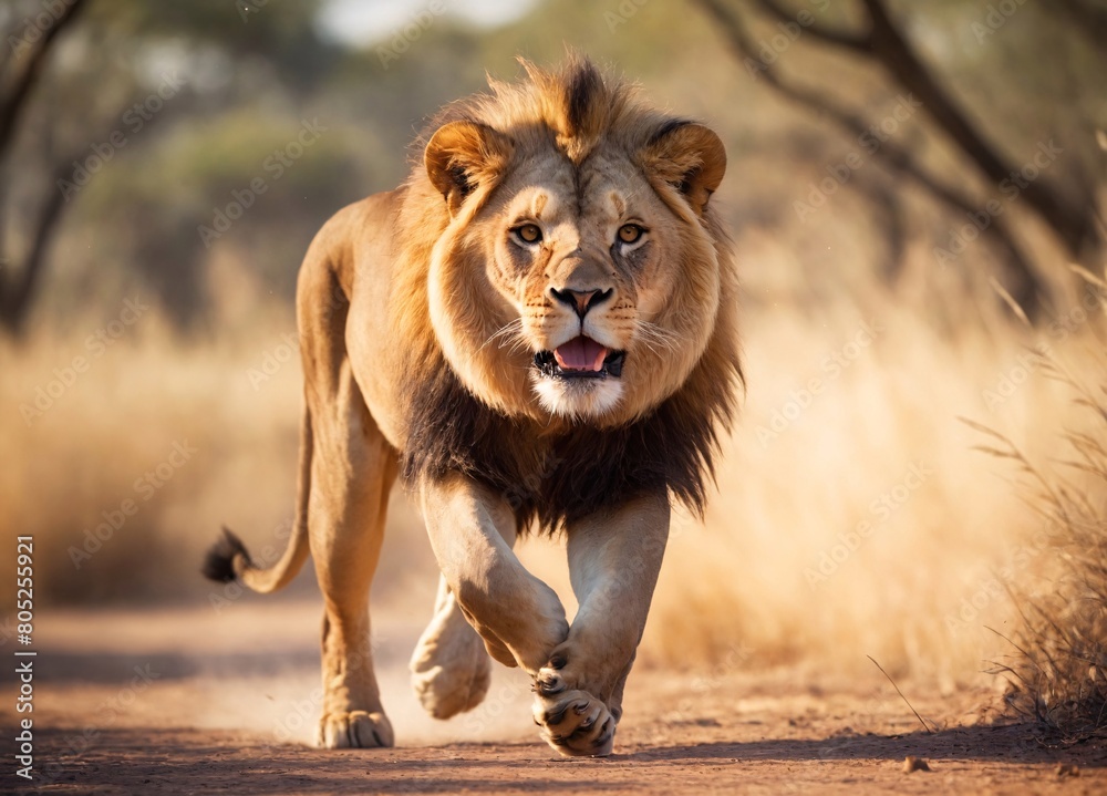 Obraz premium A majestic male lion, the embodiment of raw power and strength, prowls the vast savannah. His muscles tense, eyes focused, he is the epitome of nature’s relentless hunt. 