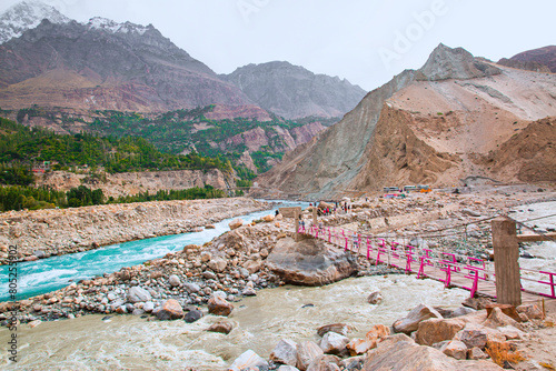 Nagar river and beautiful mountains landscape in Nagar, Gilgit Baltistan, Pakistan. 