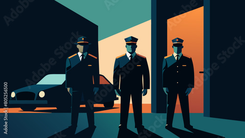 photo for advertising a private security company and security guards, all black uniform with short sleeves and a cloth cap, standing next to a patrol car