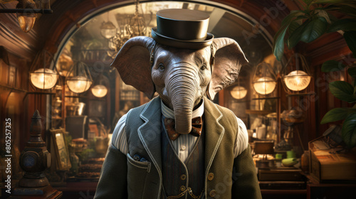 dignified elephant in a tailored three-piece suit, complete with a bowler hat and a monocle. photo