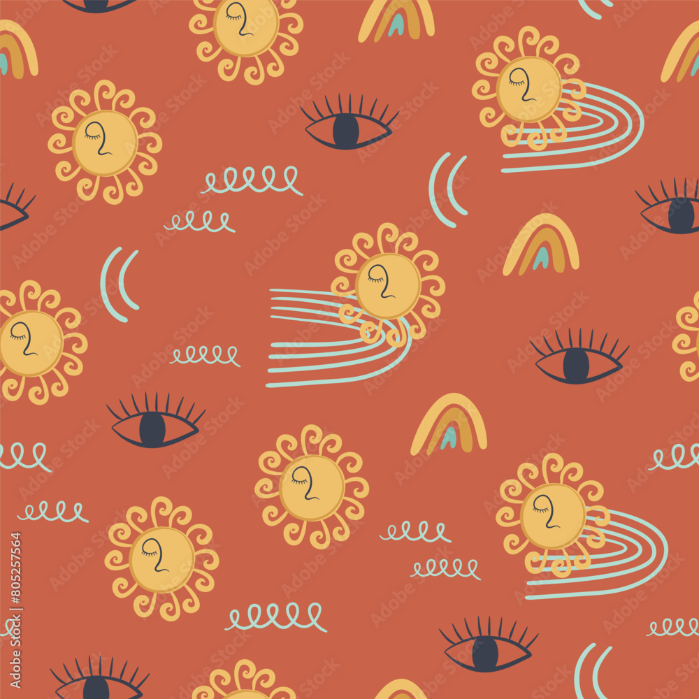 Seamless pattern with the Sun, eye, rainbow, textures. Abstract y2k background. Hand drawn retro style vector illustration.
