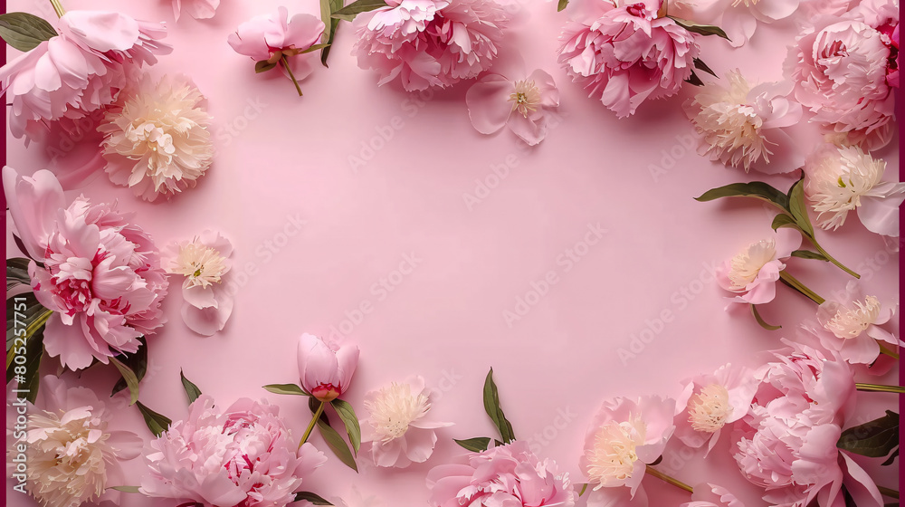 Frame made of beautiful peony flowers on color background