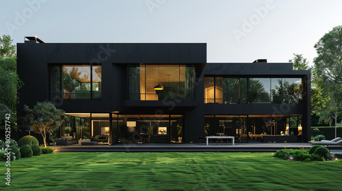 Sleek black facade, floor-to-ceiling windows, perfectly trimmed green lawn in front yard. © Mr Arts