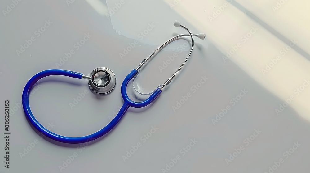 Top view of Stethoscope on a white table of the doctor's office. Copy space text Top view of Stethoscope on a white table of the doctor's office. Copy space text