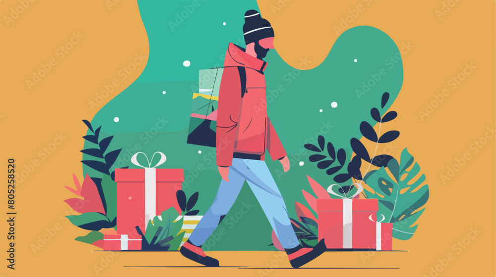 Walking man with Christmas gifts on color background