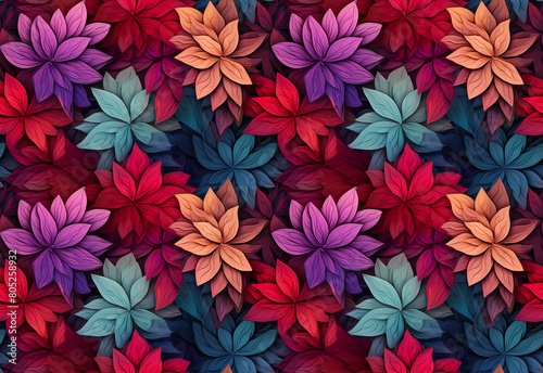 Seamless Abstract floral background with colorful leaves and flowers. Dahlia petals in red color  blue green leaves on a dark background. High resolution. AI generated