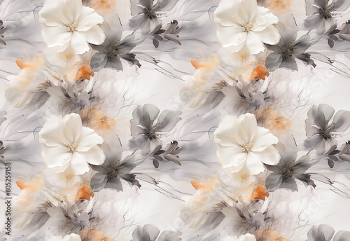 Seamless abstract floral pattern with hibiscus and orchid flowers in shades of white, brown beige grey teal cream and light purple. High resolution. AI generated
