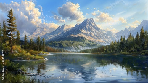 A painting of a lake with mountains in the background