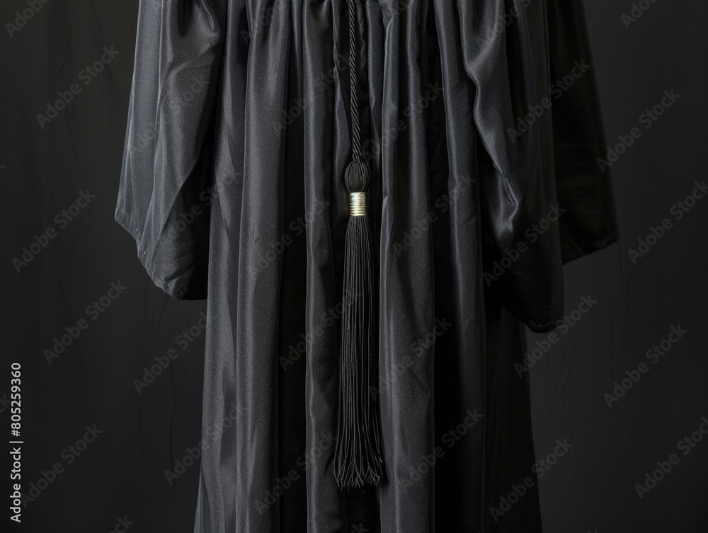 The back of a graduation gown, with a tassel hanging from the mortarboard. The back of a graduation gown, with a tassel hanging from the mortarboard.