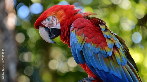 A colorful bird is sitting on a branch in a forest.
