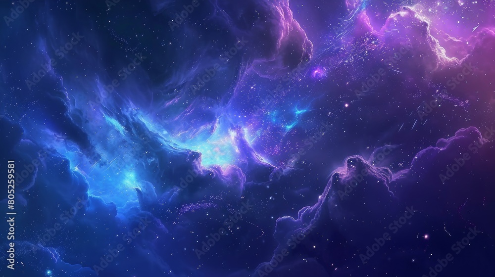 A digital art of a starry sky, with swirling clouds and vibrant blue hues representing the vastness of space. The stars form intricate patterns in shades of purple.