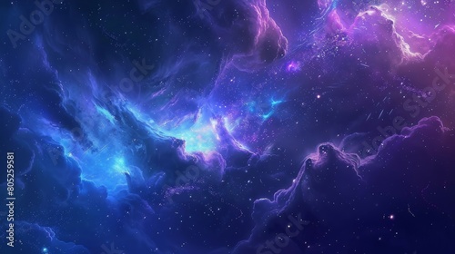 A digital art of a starry sky  with swirling clouds and vibrant blue hues representing the vastness of space. The stars form intricate patterns in shades of purple.