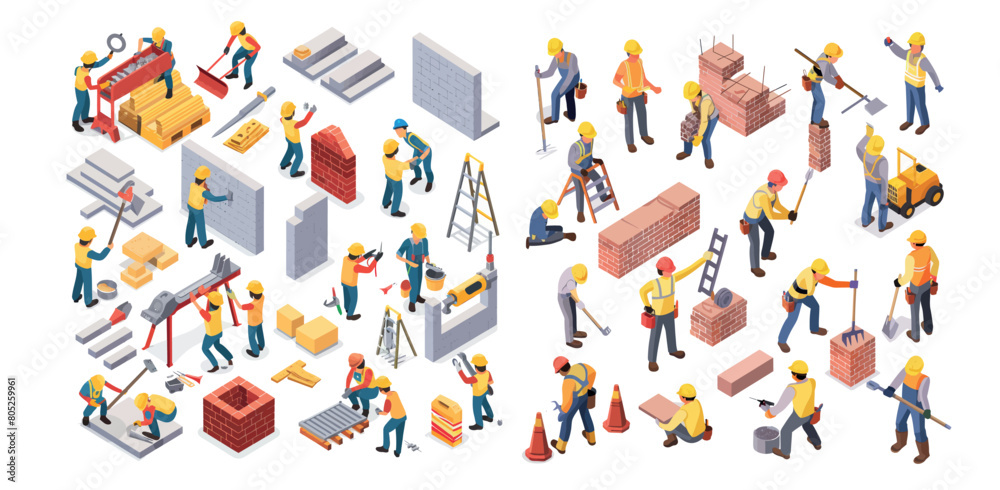 The illustration of construction workers, builders, and engineers in isometric view.