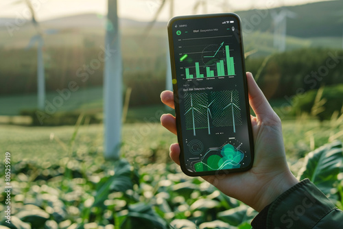 Personal finance and sustainability blend in an app tracking green investments with a backdrop of renewable energy  photo