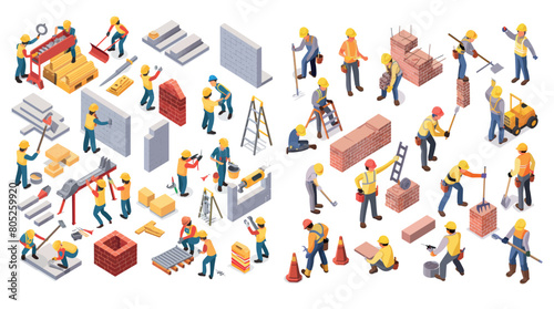 The illustration of construction workers, builders, and engineers in isometric view.