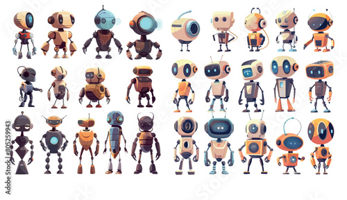 Robots engineering progress from primitive droid to  cyborg modern illustration set.