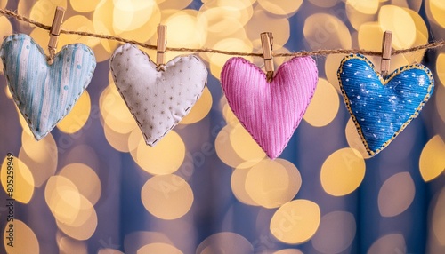 blue and pink heart shapes valentines day background be my valentine theme valentine celebration concept greeting card hearts on string with gold defused bokeh lights in the background