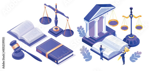 The law concept shows a balance scale, justice book and case.