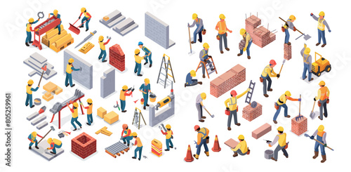 The illustration of construction workers, builders, and engineers in isometric view.
