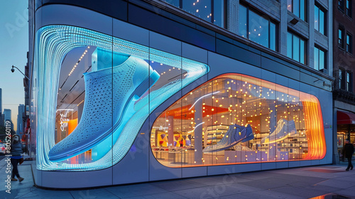 A high-tech shoe store with a dynamic, LED-lit exterior, featuring a giant, 3D-printed shoe display, photo