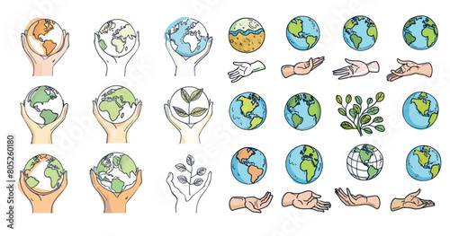  Globe ecology support, environment protection idea and green earth ecosystem modern illustration set. Hand holding and saving planet.