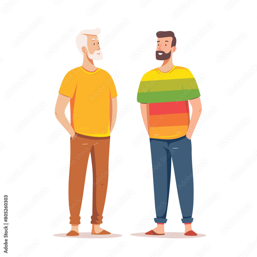 Two men standing next other, one older white hair, younger beard, both smiling. Older man wearing yellow tshirt, brown pants, younger striped tshirt, jeans. Casual attire, friendly interaction