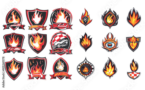 Embroidered flame emblem with speed car race team patch, sport champions label sticker and hot fire badge modern set.