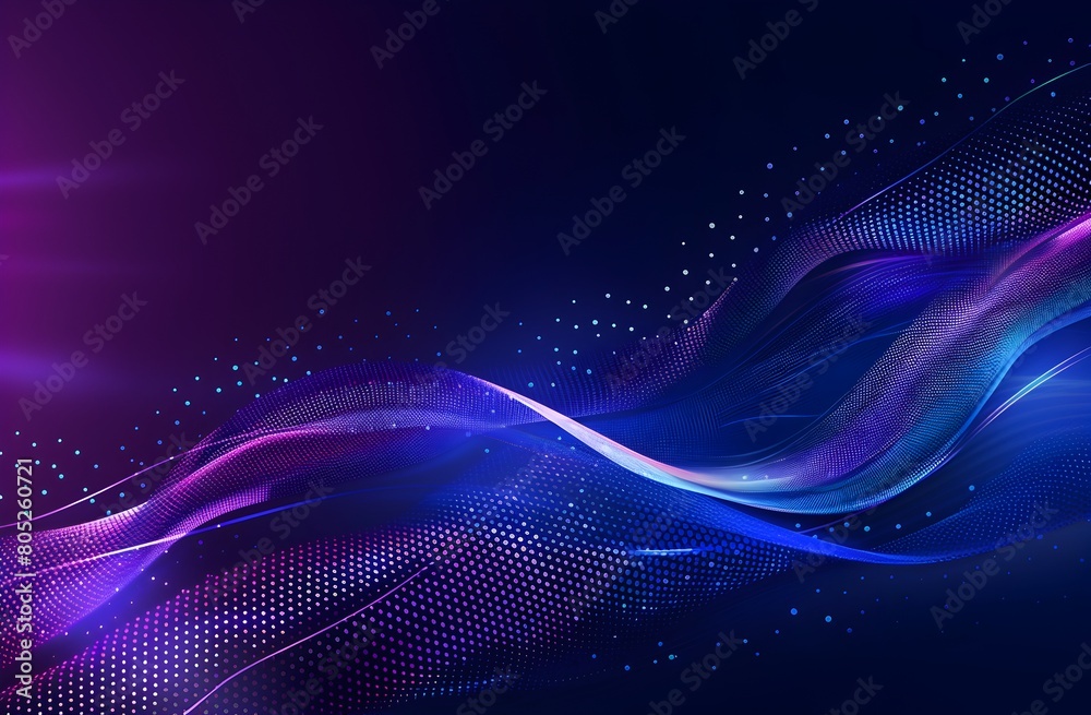 Abstract blue wave background with dots and lines, vector illustration, dark purple gradient 
