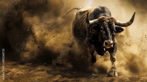 Bull fighting in a spanish bullfight with smoke and fire background