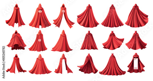 Animated superhero cloaks with posters, scarlet capes, and blank badges modern illustration set. Red superhero cloaks with posters. Illustration