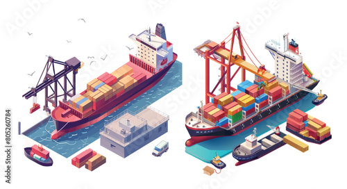 Isometric seaport cargo service, cargo ship barge, container, and crane
