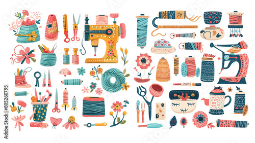 Sewing and knitting handmade crafts cards. Creative handicraft workshop covers modern illustration set