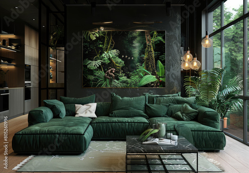 A dark living room with green sofa, plants and jungle art on the wall, large windows overlooking nature