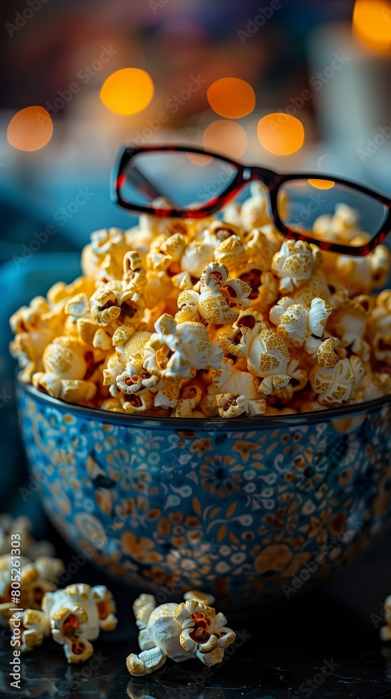 A pair of stylish glasses resting on top of a large, overflowing bowl of popcorn, set against the backdrop of a bright, colorful screen, capturing a cozy movie night atmosphere A pair of stylish glasses resting on top of a large, overflowing bowl of popcorn, set against the backdrop of a bright, colorful screen, capturing a cozy movie night atmosphere