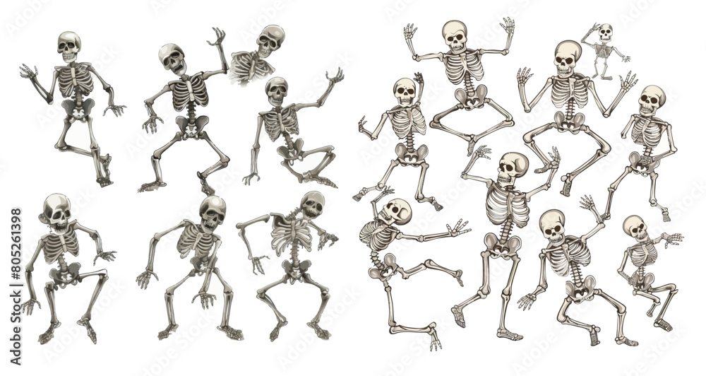 Dance skeletons, spooky halloween skeleton mascots modern illustration set.